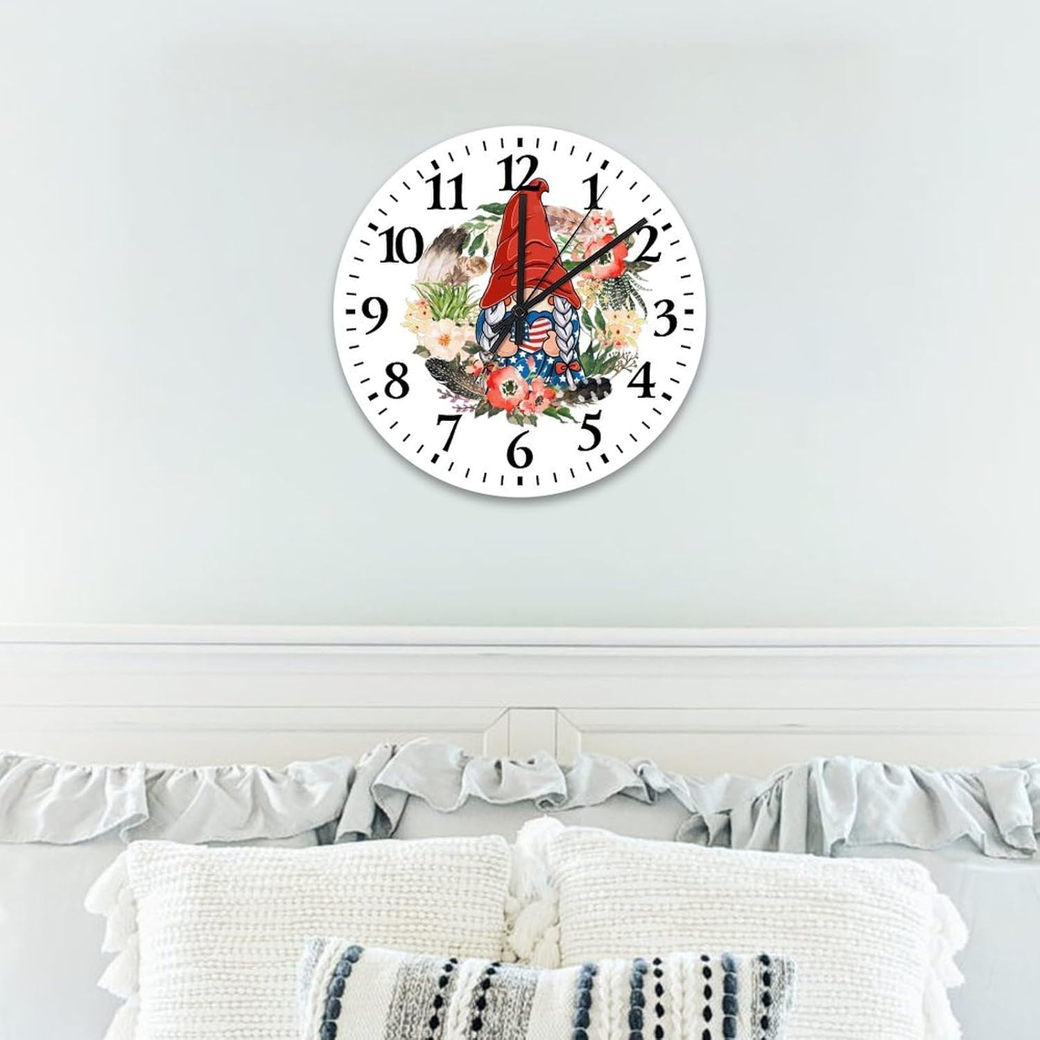 12 Inch Silent Non-Ticking Wall Clocks 4th of July Gnomes Decorations Home Decoration for Home Flower Floral Wreath Decorative Round Wooden Wall Clock Vintage for Exercise Room New Home