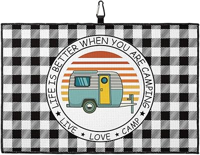 OComster Orange Ombre Stripes Camper Bus Golf Towel with Carabiner Clip, Black Buffalo Plaid Microfiber Waffle Pattern Golf Towel, Golf Accessories for Cleaning Clubs and Balls, 24x16 in