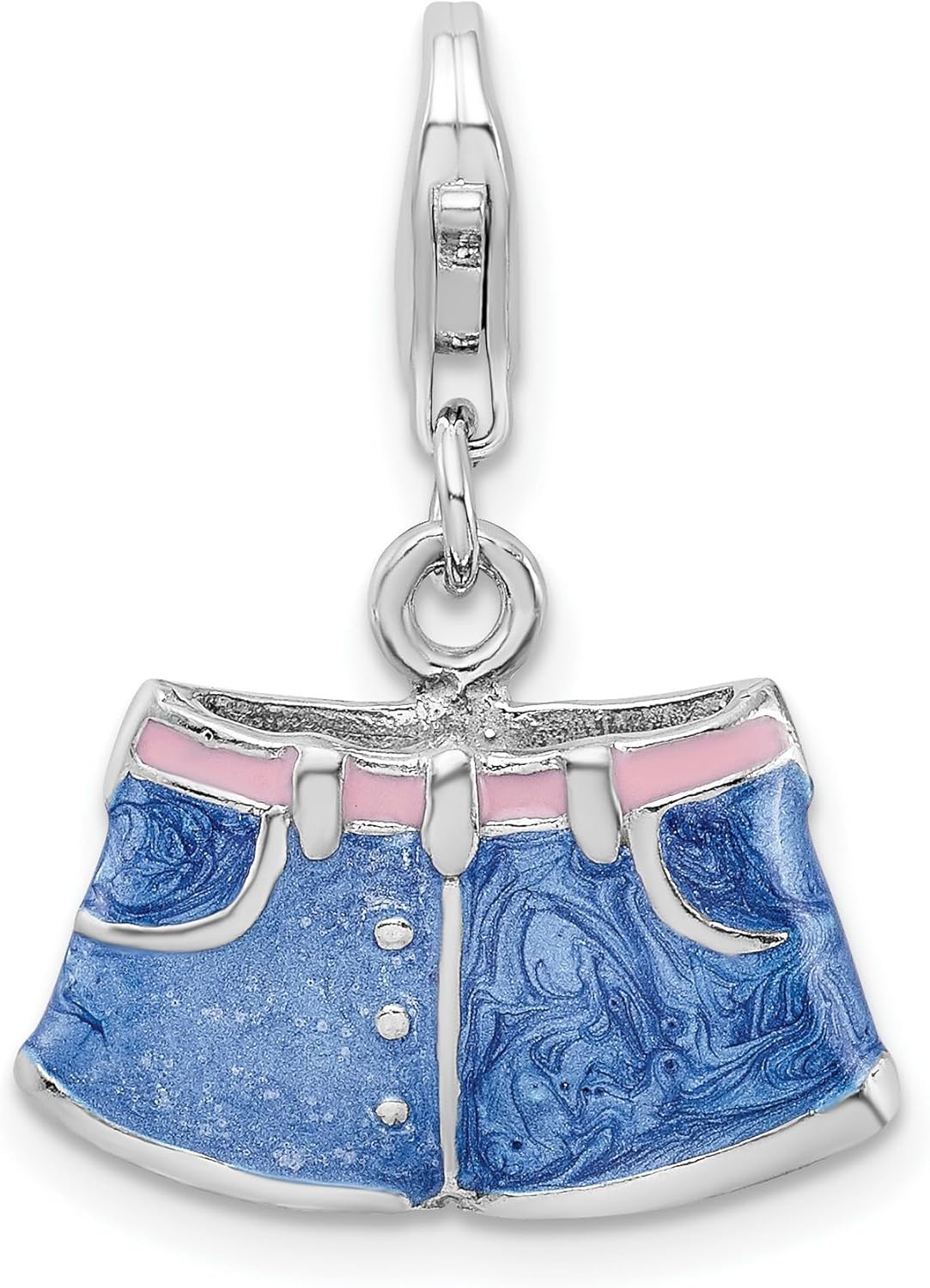 Sterling Silver Denim Shorts Charm Pendant with Pink Enamel Accents, Blue Jean Fashion Jewelry for Women, Casual Charm for Bracelet or Necklace, Summer Style Accessory