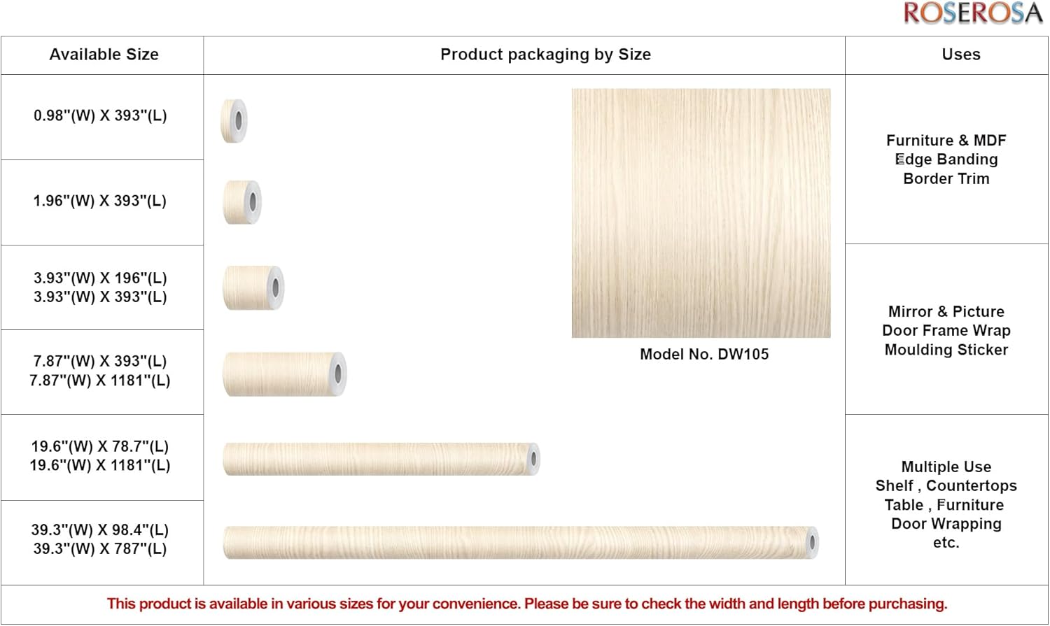 ROSEROSA Peel and Stick PVC Faux Wood Self-Adhesive Wallpaper Covering Counter Top Shelf Liner DW Series (DW105, 3.28 Feet X 8.20 Feet)