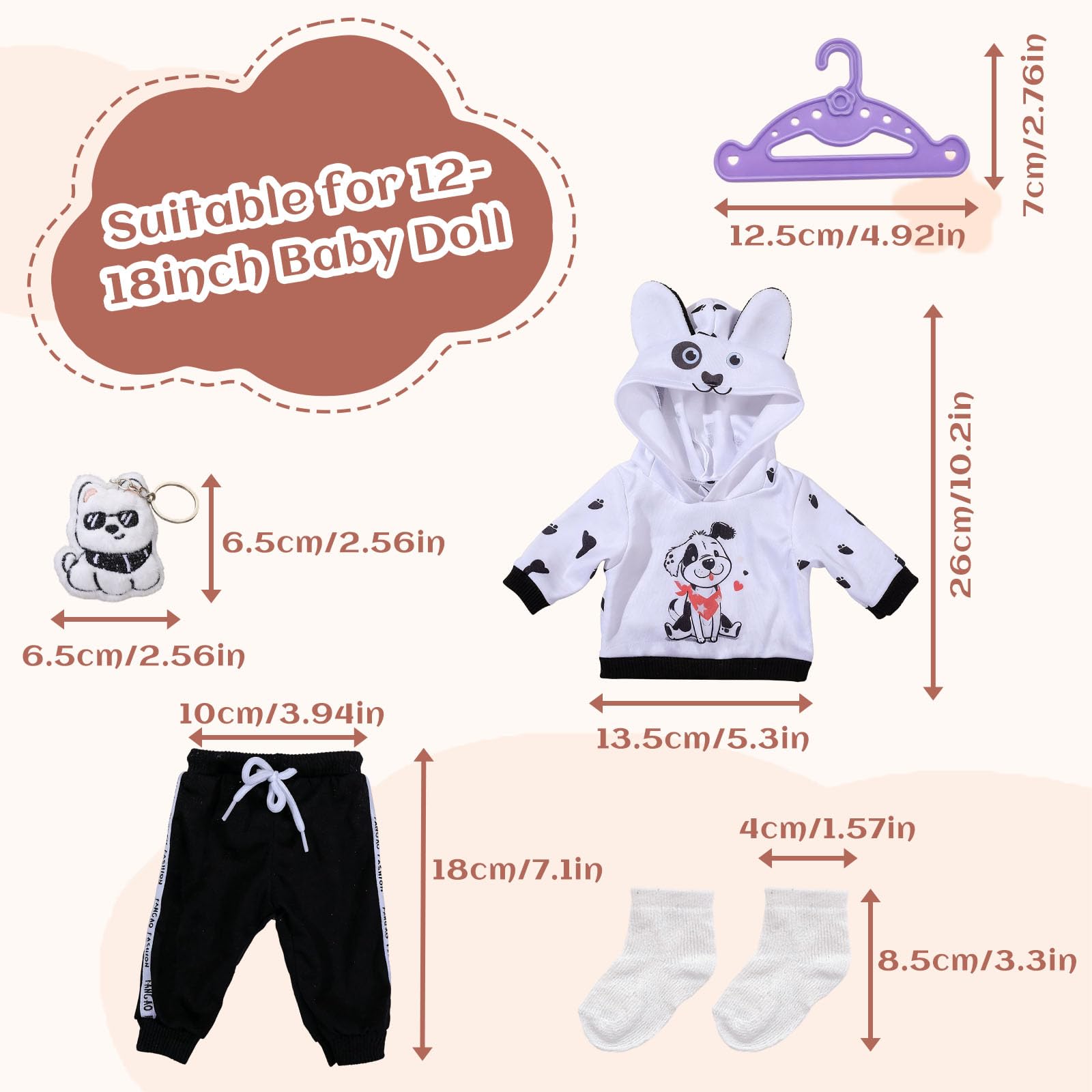 Ubrania dla lalek 35–45 cm, akcesoria dla lalek 35–45 cm, słodkie ubrania dla lalek z topem zwierzęcym, spodnie, pluszowa lalka dla psa, skarpetki, urocze ciemne ubrania dla lalek dla dzieci i
