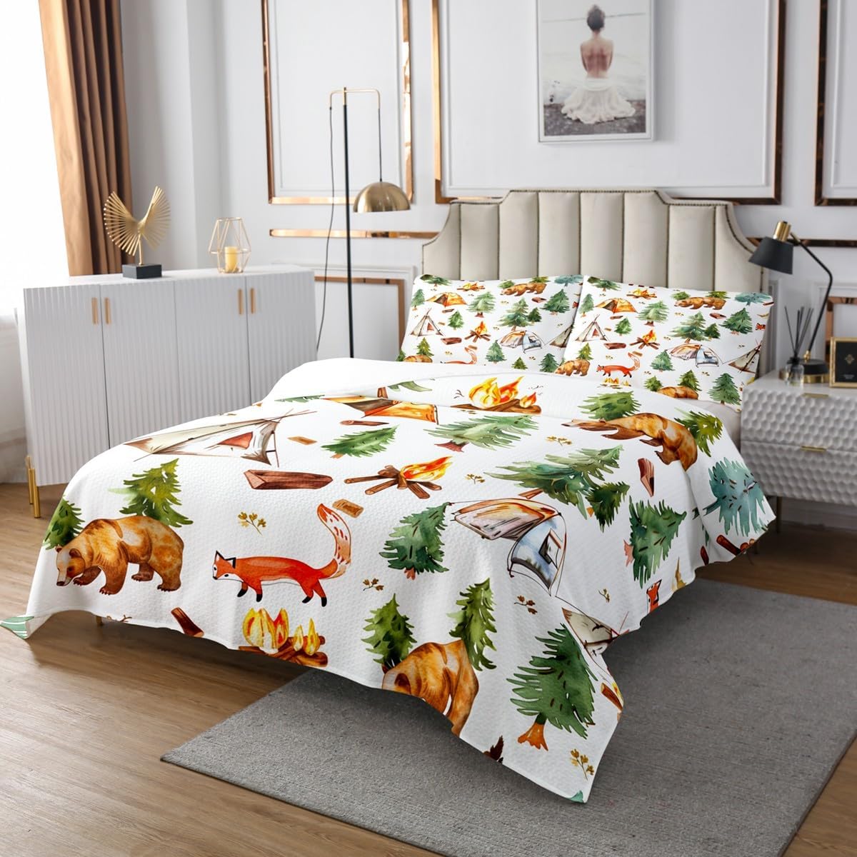 Erosebridal Camper Bedspread Set King for Travel Trailers,Tent Camping Quilt Bedding Set Vintage Adventure Home Decor,Mountain River Tree Quilts Sets Nature Landscape Coverlet Set 3Pcs