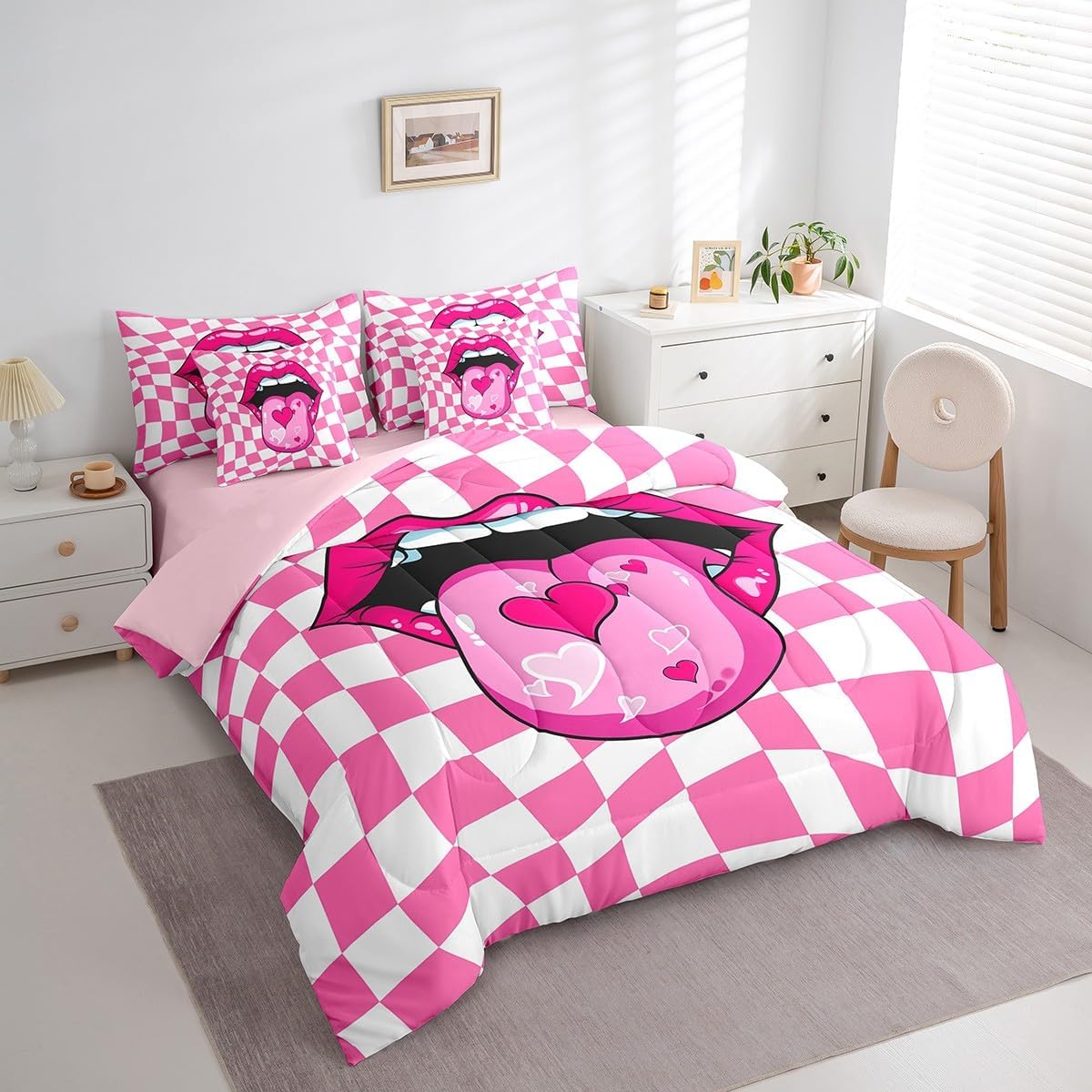 Manfei 7 Pieces Rose Lips Comforter Twin Size, Sexy Mouth Bed Set for Kids Girls, Pink White Grid Plaid Print Bedding(1 Comforter,1 Fitted Sheet,1 Flat Sheet,2 Pillowcases,2 Throw Pillow Cover)