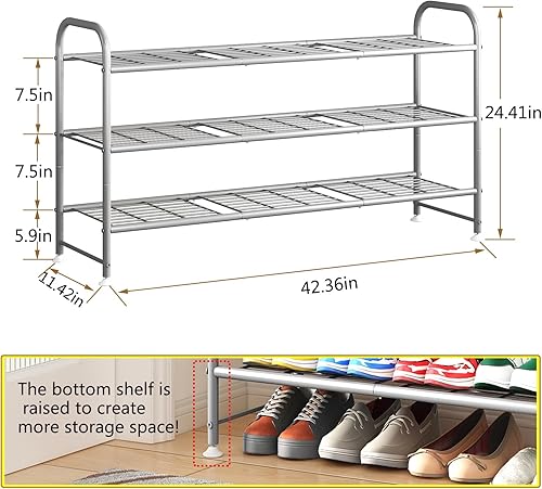 Miniatura 3 de LINZINAR Zapatero organizador de zapatos de metal largo de 3 niveles para entrada de armario, color gris