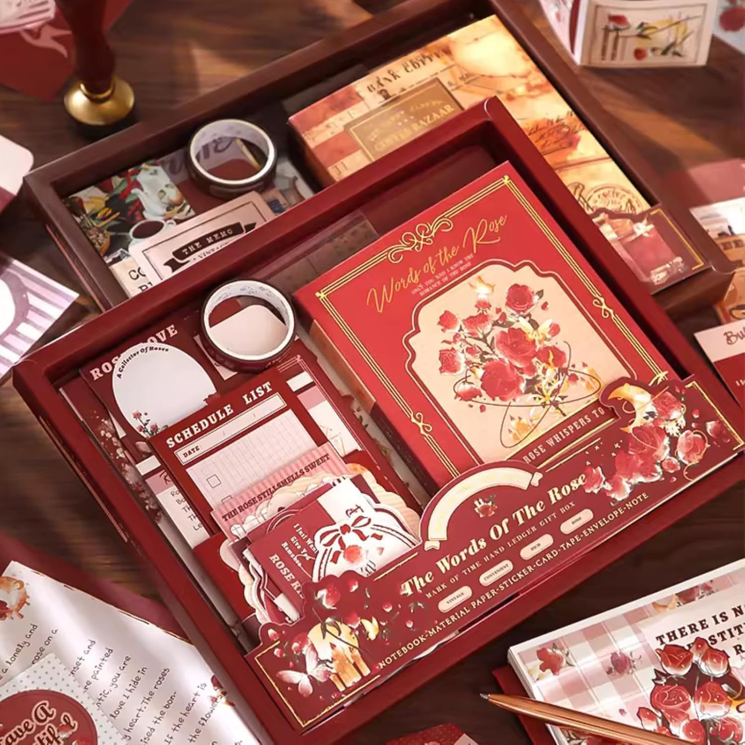 Vintage Aesthetic Scrapbook Kit 346 Pcs with A6 Grid Notebook, Washi Tape, Stickers, Envelopes & Decorative Papers for Journaling, DIY Craft & Journal (Rose Whisper - Red Scrapbook)
