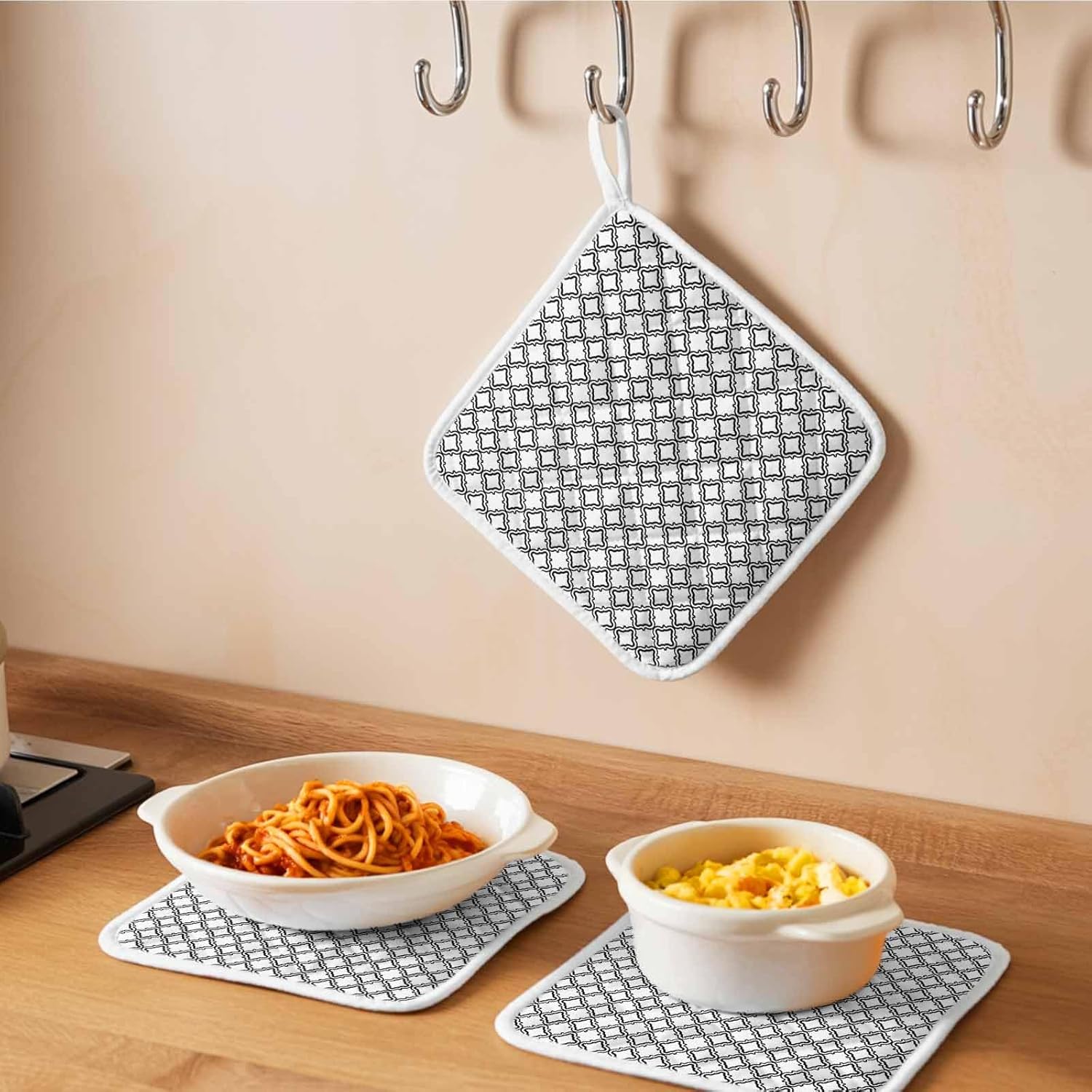 Black White Morocco Pot Holders for Kitchen Heatproof Potholder, 5 Pack Modern Abstract Classic Geometric Hot Pads Multipurpose Oven Pads Cloth Potholders Trivet for Cooking Baking
