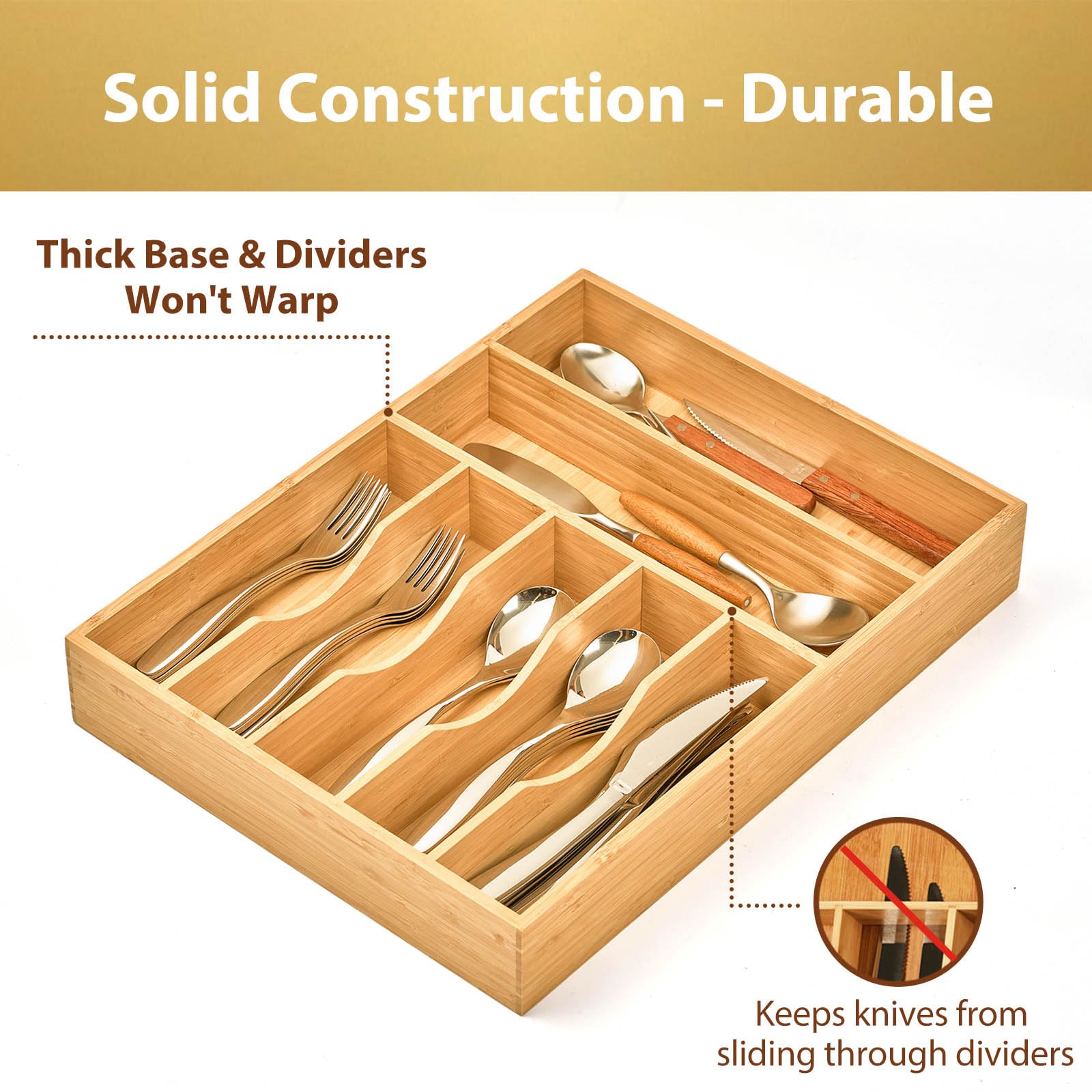 Umilife Organizer per cassetti da cucina, vassoio porta utensili per argenteria, extra profondo, con piedini antiscivolo e divisori scanalati, 7 scomparti in legno di bambù per posate e coltelli