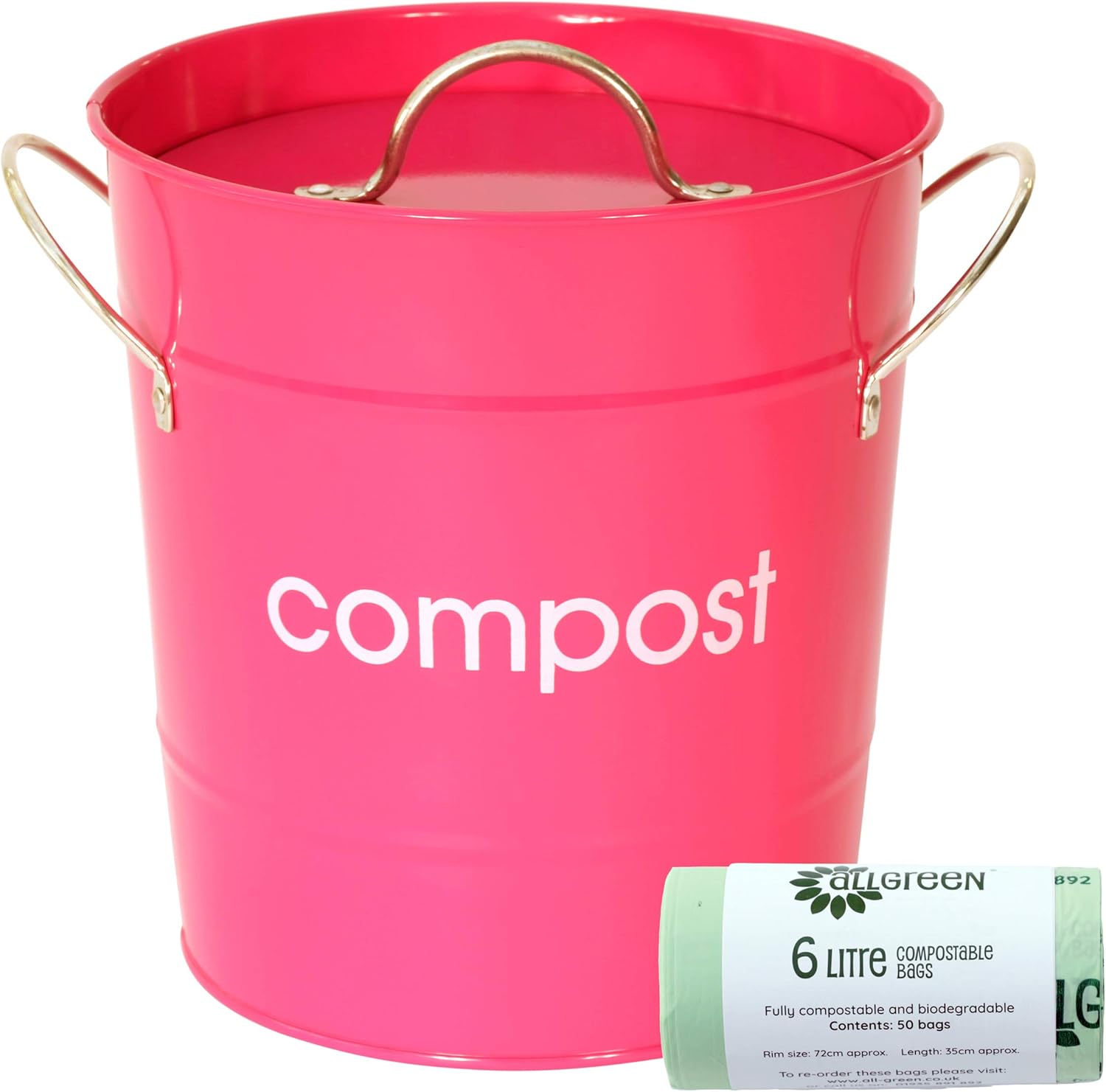 Pink Metal Compost Pail/Caddy/Food Waste Bin & 50 x 6L Compostable Bags