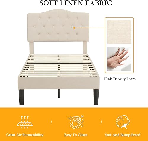 Miniatura 64 de VECELO Base de cama de tamaño matrimonial con cabecera ajustable copetuda, base de colchón, soporte de listones de madera, fácil montaje, color gris