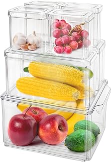 HPYLIF H Fridge Organiser Set of 7 (3 Sizes), Fridge Organisers Stackable,Set for Fridge, Kitchen, Cabinets, Cosmetics and Countertops BPA Free, 30x20 x14.5cm
