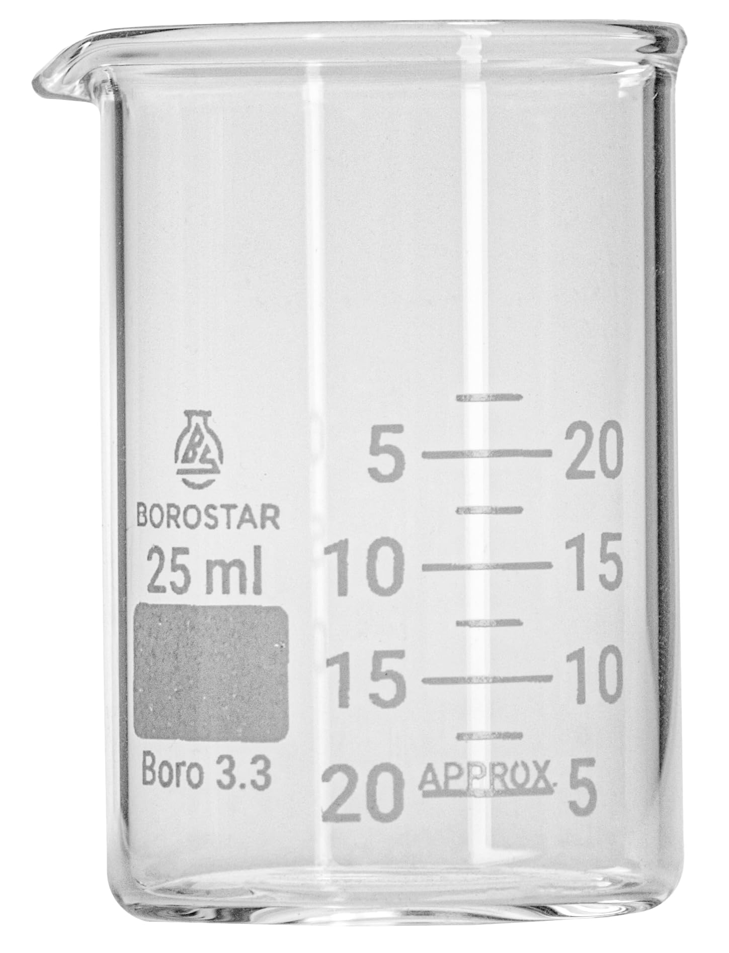 Bicchiere (Boro 3.3), forma bassa con graduazione e beccuccio, 25 ml