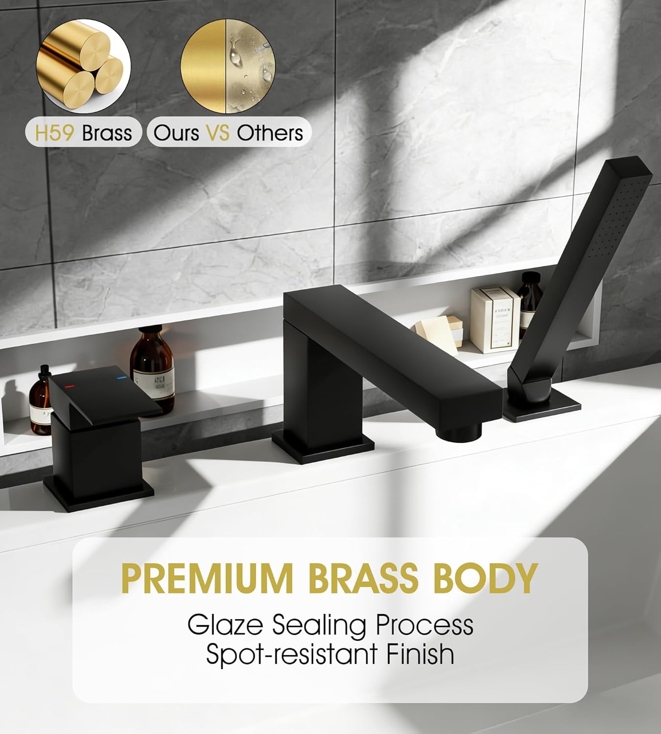 Modern Roman Tub Faucet with 360° Rotated Spout, Deck Mount Bathtub Faucet with Hand Shower, Widespread 3 Holes Bath Tub Filler Faucet Rough In Valve Included (Black)