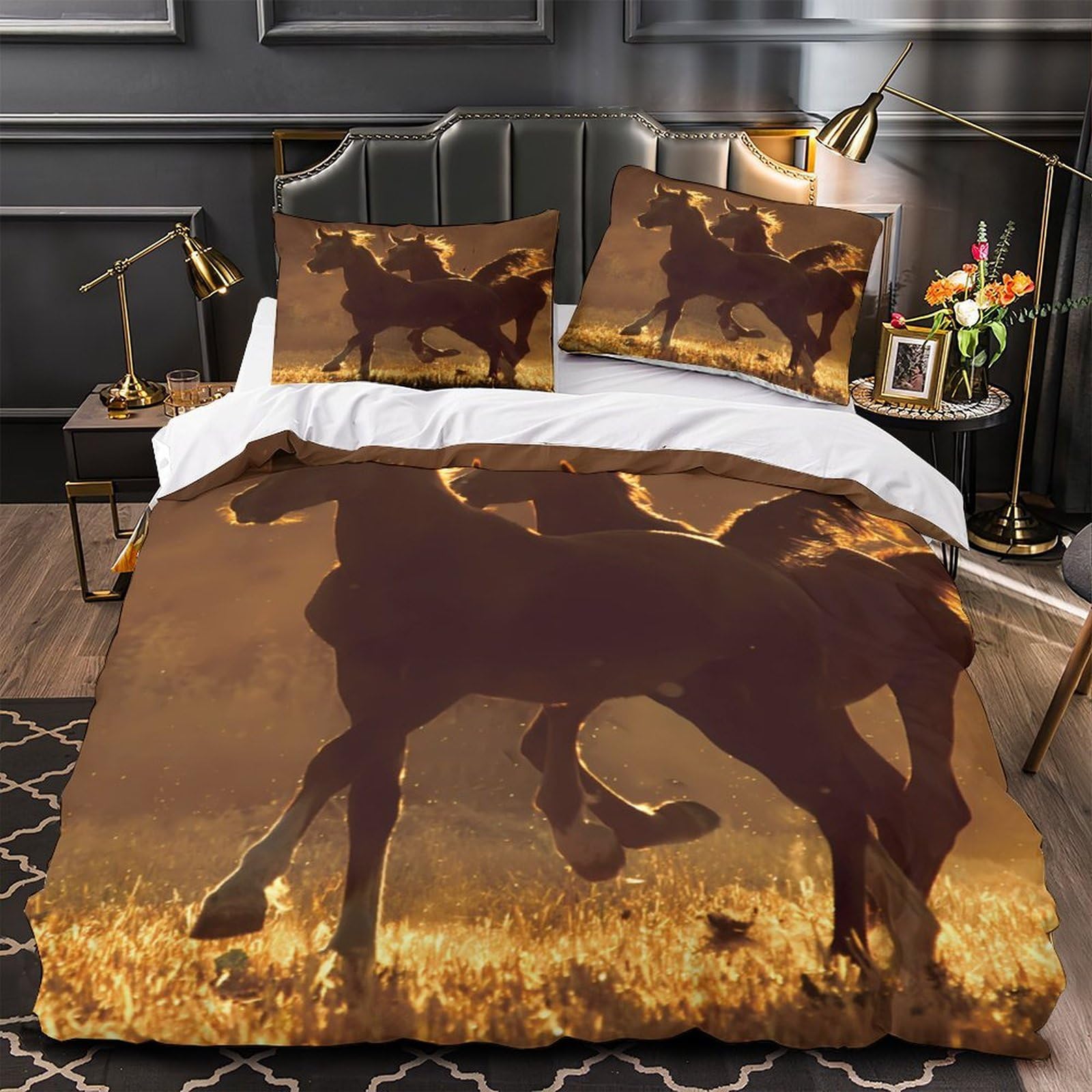 Parure de lit chevaux sauvages 140x200 microfibre avec taie d'oreiller
