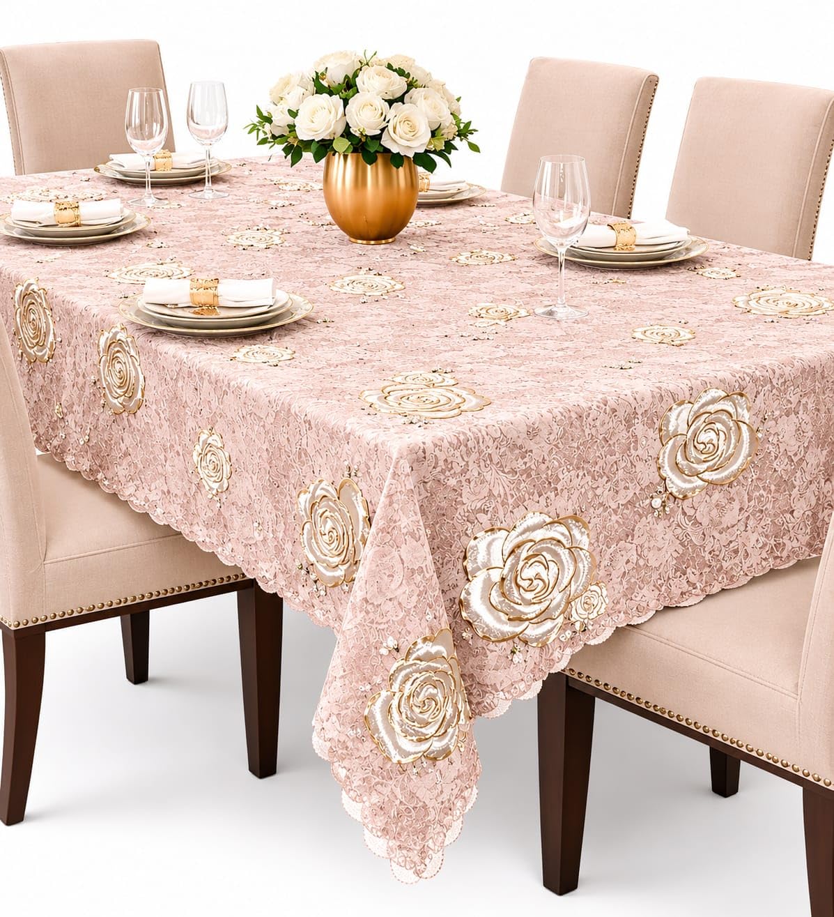DNPH Floral Lace Tablecloth, Pink and Rose Gold Printed, Elegant Dining Table Cover for (6 Seater, 60x90)-image-40