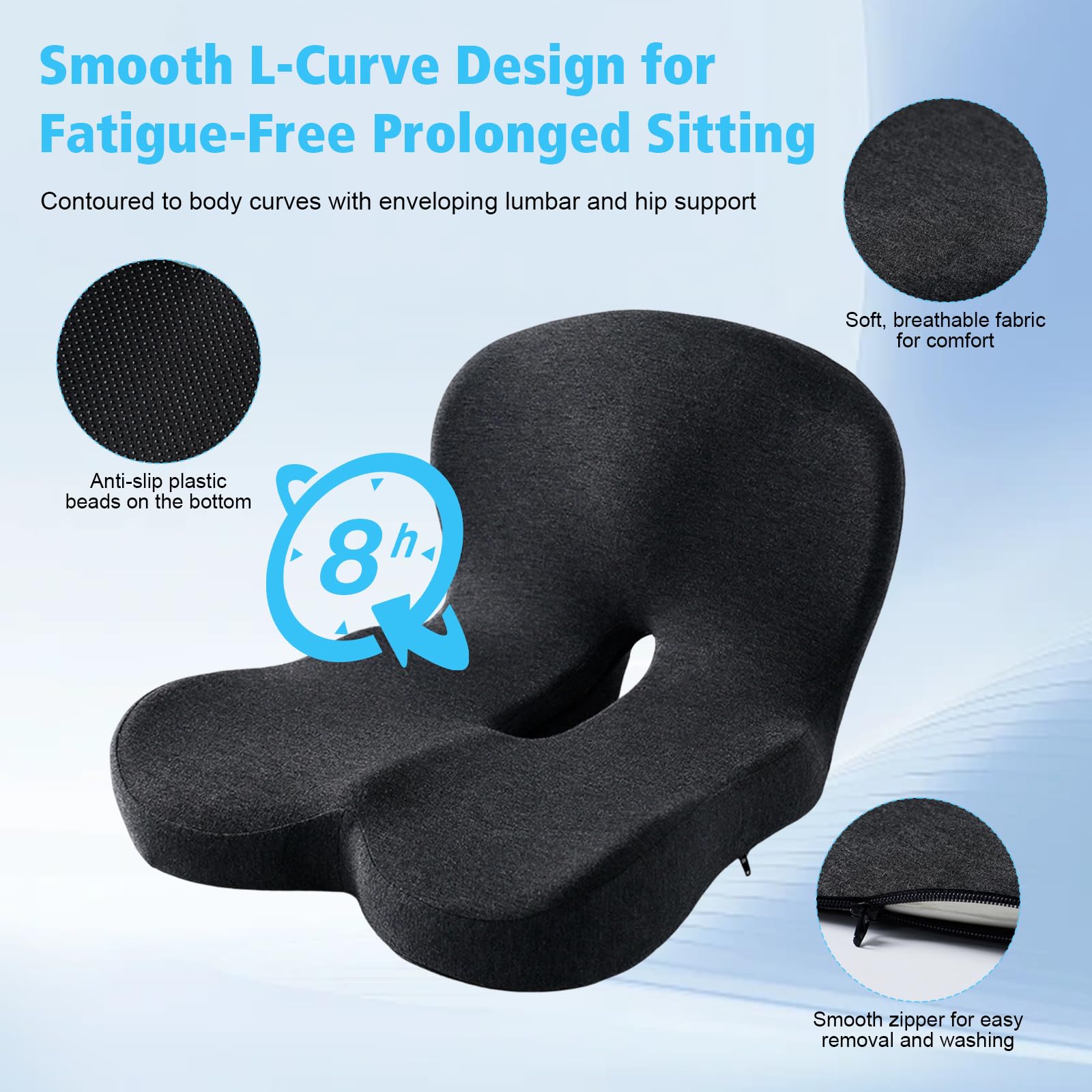 Cuscino Ortopedico con Schienale, Cuscino Integrato a Forma di L | Memory Foam e Poliestere, Per Sedia Ufficio e Auto, Fodera Lavabile, Supporto Lombare, Grigio