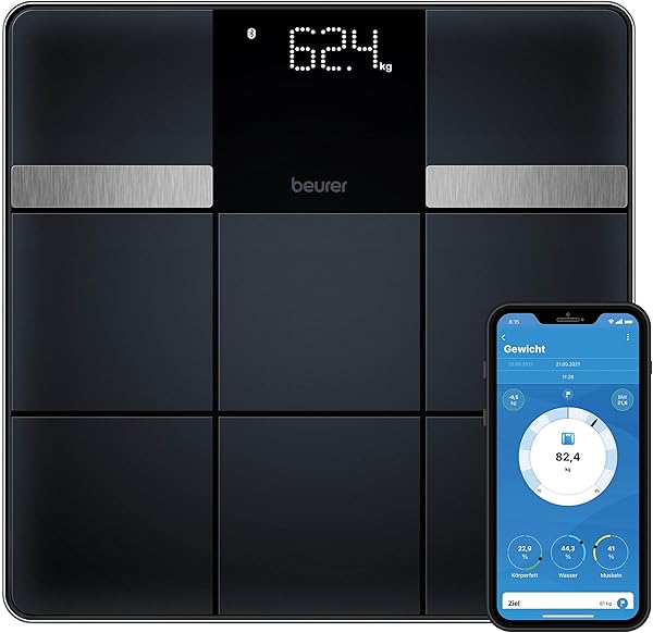 Beurer BF 450 Personenwaage mit App-Anbindung via Bluetooth, Körperfettwaage digital mit 17 Messwerten inkl. Körperfett, Muskelmasse, BMI, 8 Benutzerspeicher, Datenübertragung zu Apple Health & co.