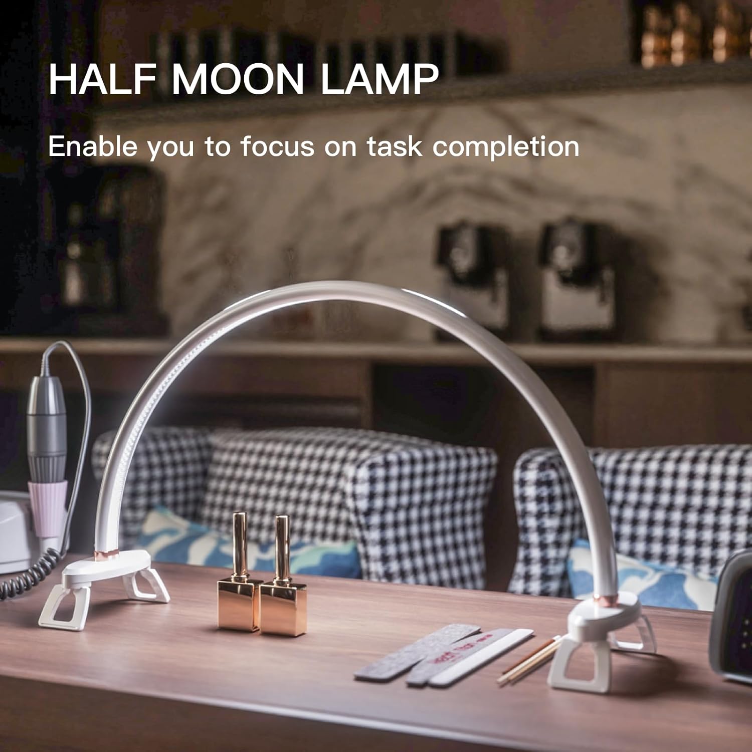 obcd half moon light for nail desk 20 inch nail desk light half moon lamp portable arch lamp dimmable with foldable bracket for desk salon table use, 3 color temperature white 20 inch