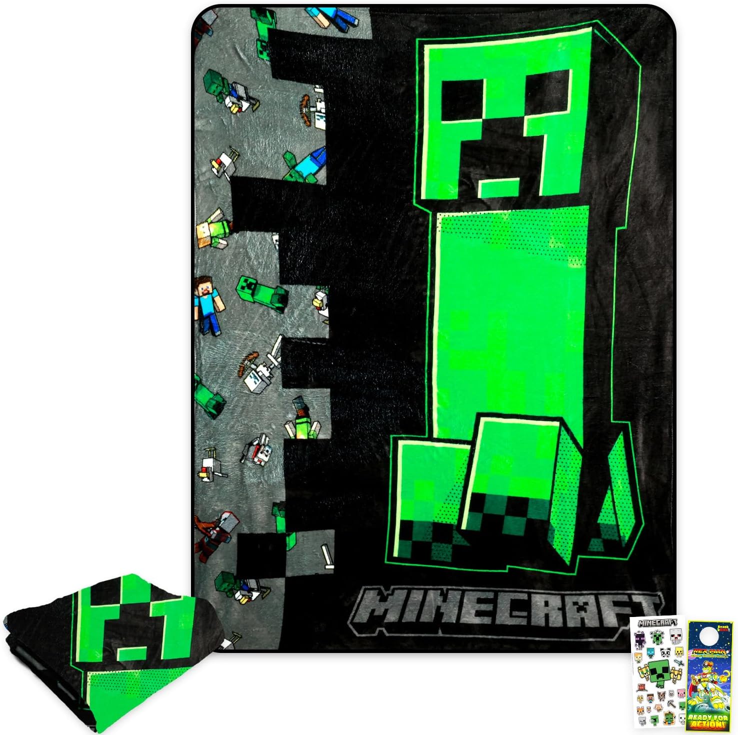 Minecraft Plush Blanket Set - Bundle with Video Game Creeper Soft Blanket Plus Stickers, More for Kids, Adults, Teens | Cozy Minecraft Throw Blanket 45" x 60"