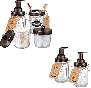 Amolliar 4PCS & 2pcs Bronze Mason Jar Bathroom Accessories Set-3pcs Foaming Soap Dispenser & 2pcs Cotton Swab Holder &1pcs Toothbrush Holder,Waterproof Stickers,Rustic Farmhouse Decor