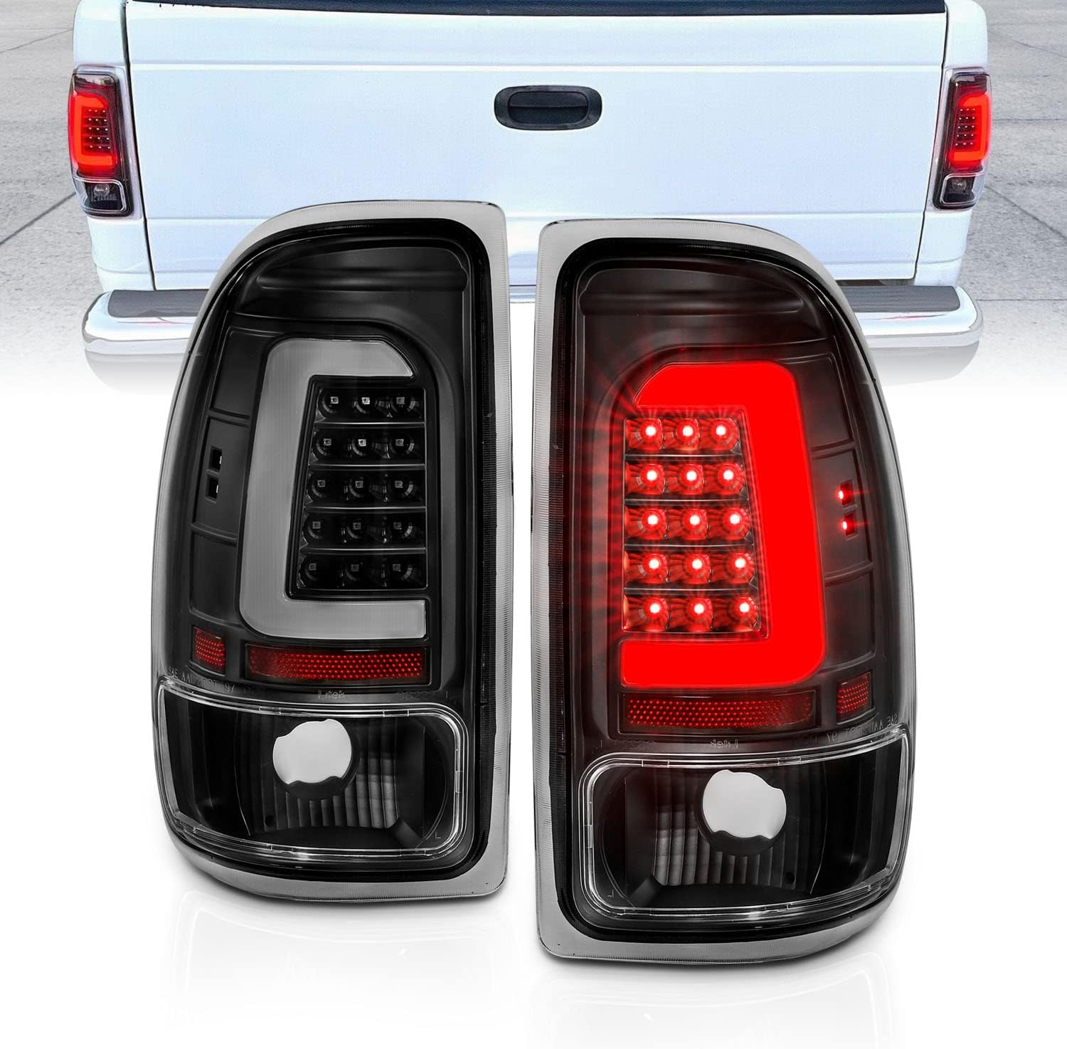AmeriLite For 1997-2004 Dodge Dakota C-Type Halogen, Led, Tail Lights Brake Lamps Set, Crew Cab- Passenger and Driver Side, Vehicle Light Assembly, Black
