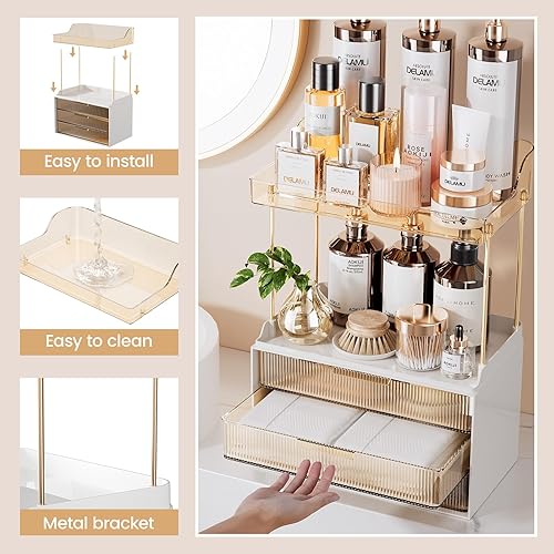 Vista 32 de Delamu Organizador y almacenamiento de baño, 2 niveles y 2 cajones, organizador de maquillaje, fácil de instalar, ideal para encimera de baño