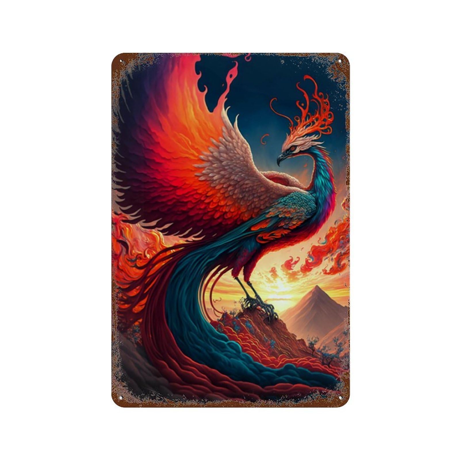 Decorative Tin Sign with Phoenix Rising Mythical Firebird Artwork -4 Design 11.8"x7.9", for Farmhouse, Kitchen And Entryway Decor, Decorative Metal Wall Art