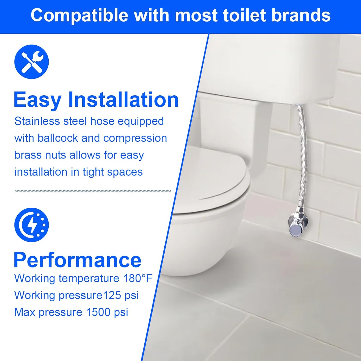 Toilet Hose Supply Line 16 Inch Flexible Toilet Connector, 7/8 Inch Ballcock x 3/8 Inch Compression, Braided Stainless Steel Toilet Supply Line