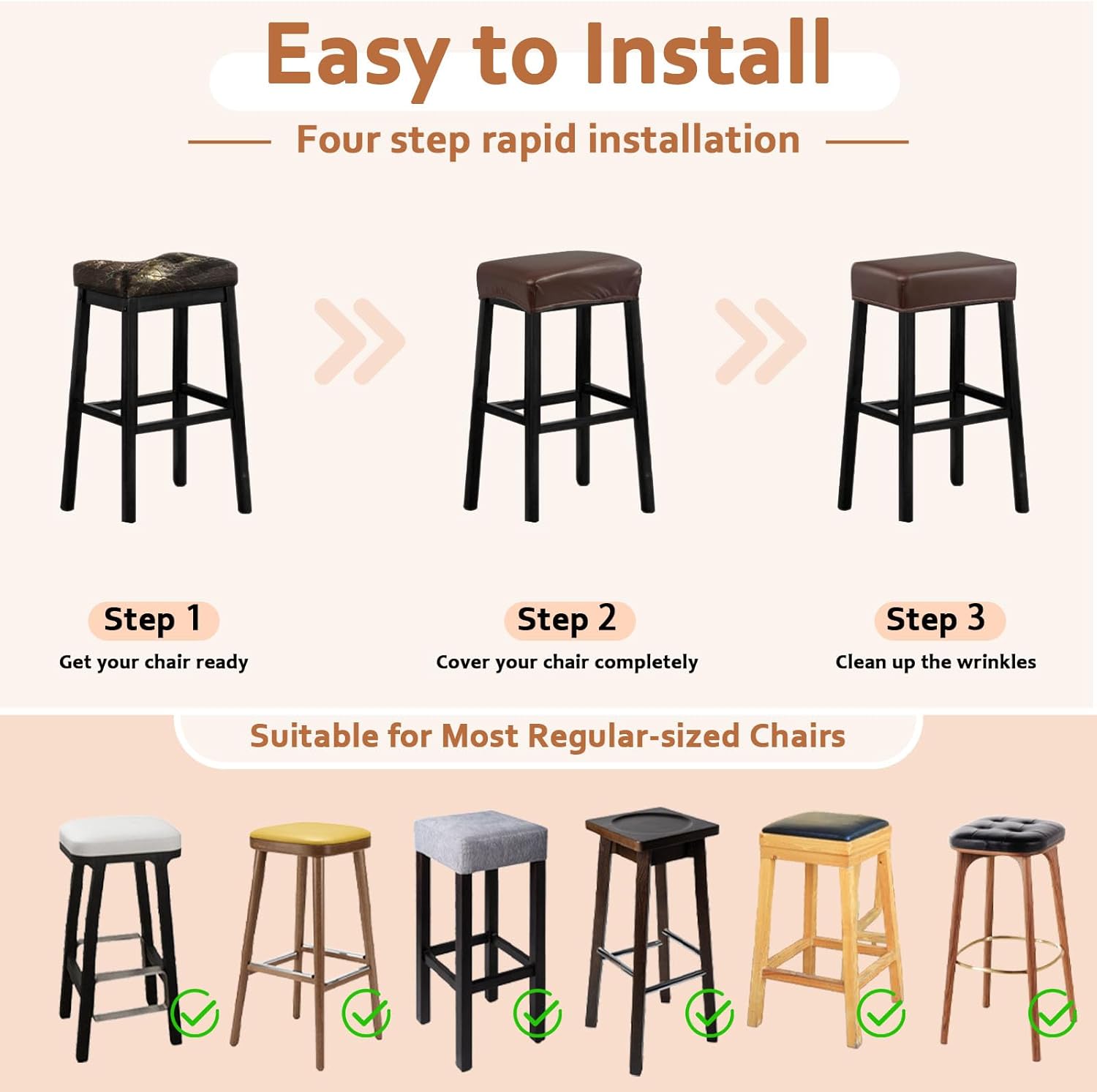 PU Leather Bar Stool Covers Rectangular, 100% Waterproof Stool Covers Rectangle Super Stretch 20% Thicker Leather Saddle Stools Cover Rectangular Counter Bar Stools with Elastic Band (6 PCS, Coffee)