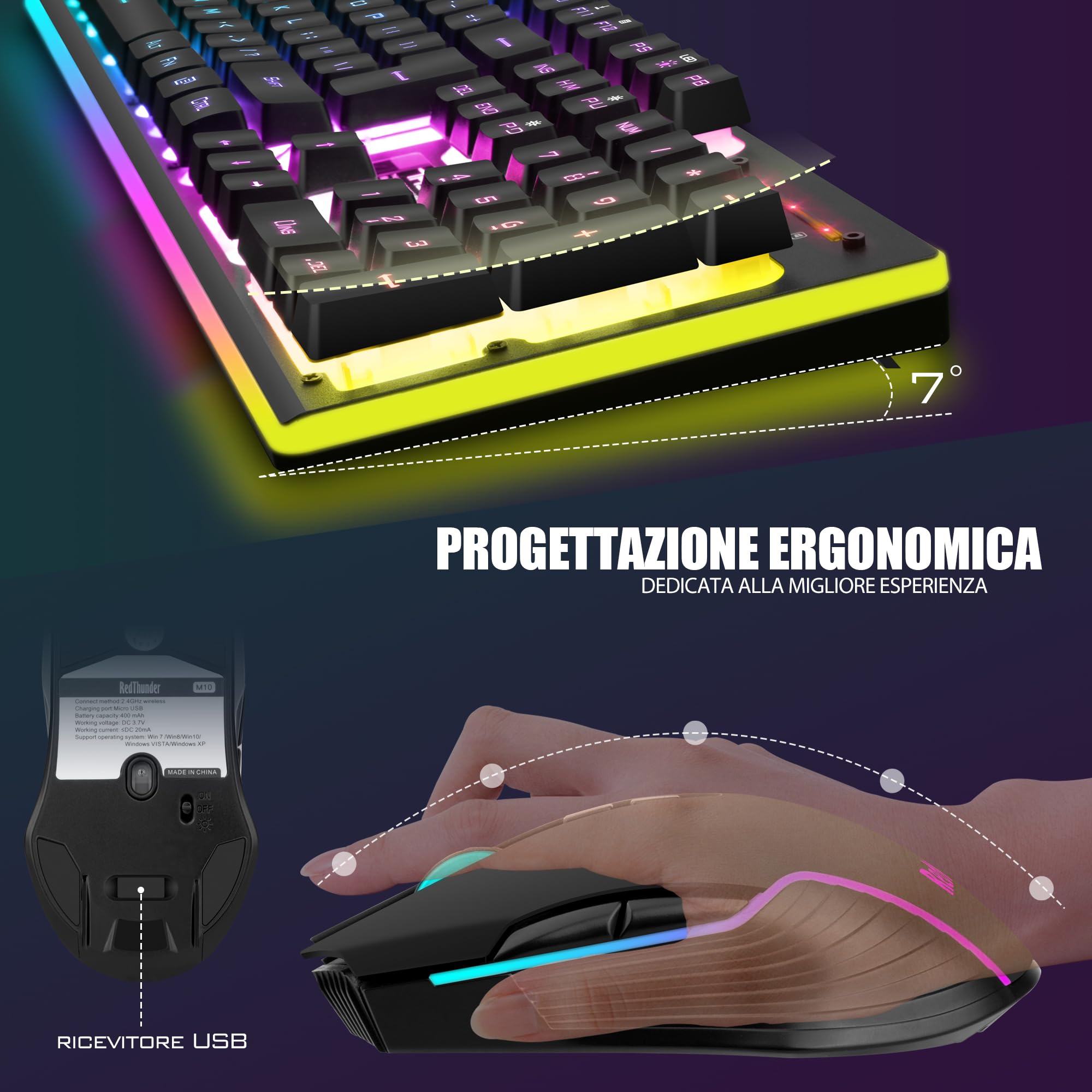 RedThunder K10 Set Tastiera e Mouse da Gioco Wireless, Retroilluminazione a RGB, Batteria Ricaricabile da 3800 mAh, Sensazione Meccanica, Anti-Ghosting+Mouse 7D 3200DPI, Layout IT QWERTY, Giocatori PC