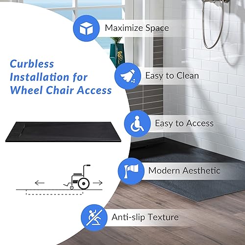 Miniatura 13 de Woodbridge Base de ducha negra de drenaje con extremo de umbral cero, perfil bajo, 47.25 pulgadas de largo x 31.5 W, accesible para silla de ruedas,
