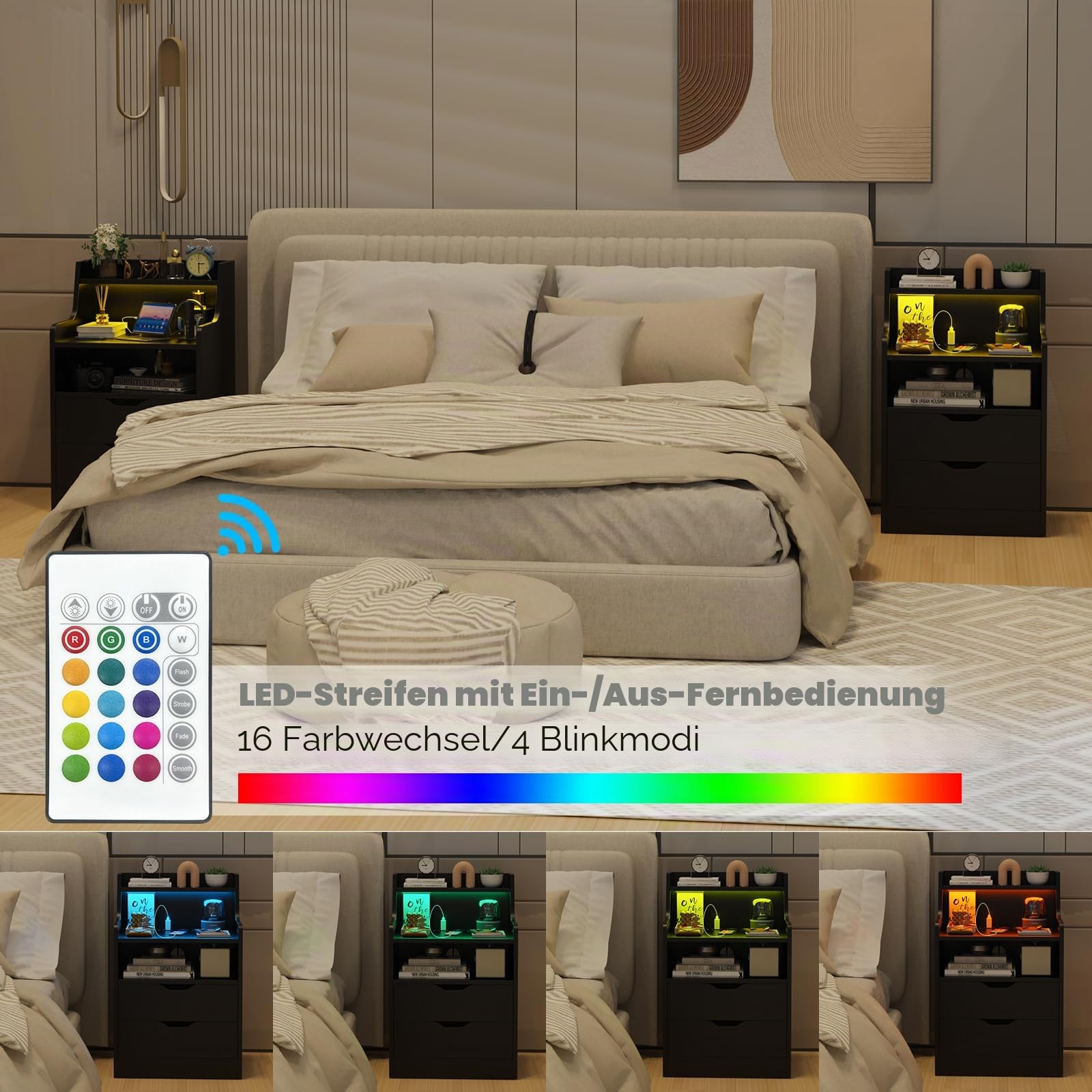 Nachttisch LED mit Steckdose & USB, Nachtschrank mit 2 Schubladen und offenem Ablagefach, Smart Nachttische mit LED-Beleuchtung, Nachttische Schwarz 45x35x73cm, Modern Nachtschrank Tisch