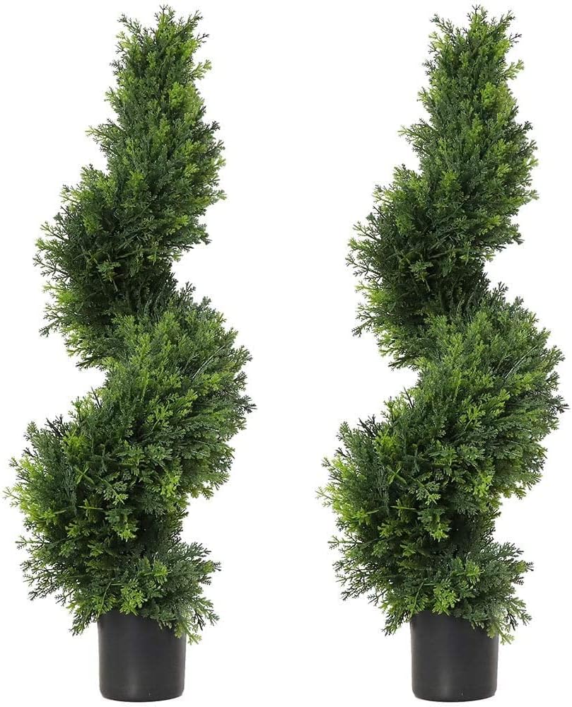 momoplant Artificial Spiral Trees, 2 Set of 3 Ft / 90cm Topiary Cypress Plants for Outdoor and Indoor Decor with Black Pot