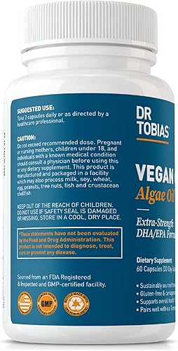 Miniatura 8 de Dr. Tobias Suplemento vegano de Omega 3, 1400 mg de aceite de algas, 420 mg de DHA y 210 mg de EPA por porción, sin OMG, sin gluten, sin