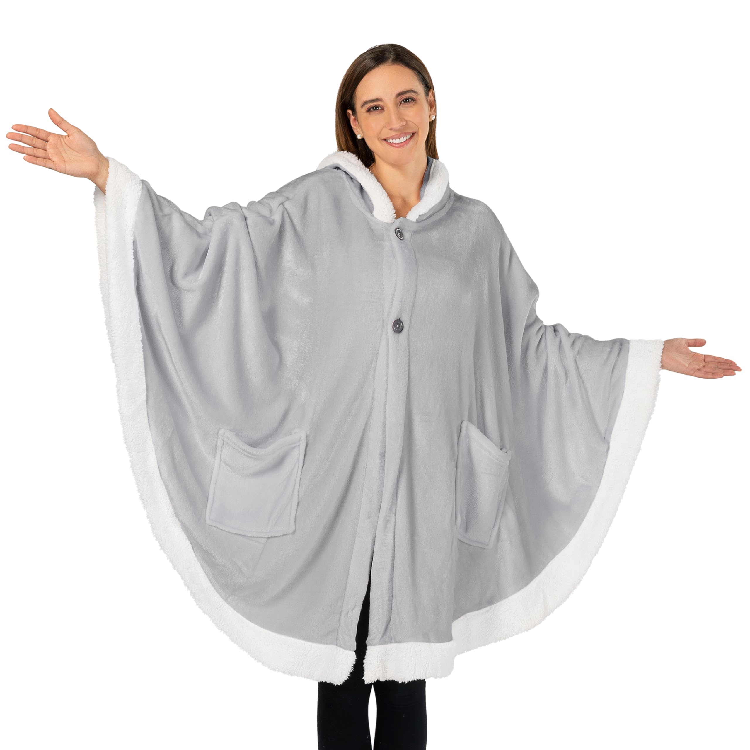 PAVILIA Wearable Blanket for Adult Women, Cozy Plush Fleece Blanket Poncho Cape with Hood, Super Soft Shawl, Angel Wrap Throw for Office, Light Gray