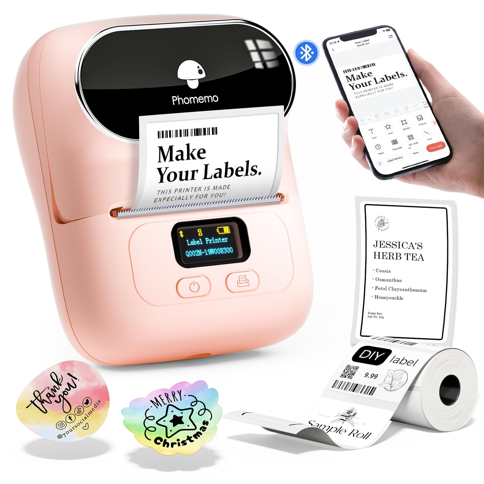 Phomemo Label Printer, M110 Barcode Printer, Bluetooth Thermal Maker, Print Width 0.78''-2'',App with 1000 Icons & 300 Templates,for Small Business, Home, Sticker, for Phone/PC, Baby Pink(+100 Labels)