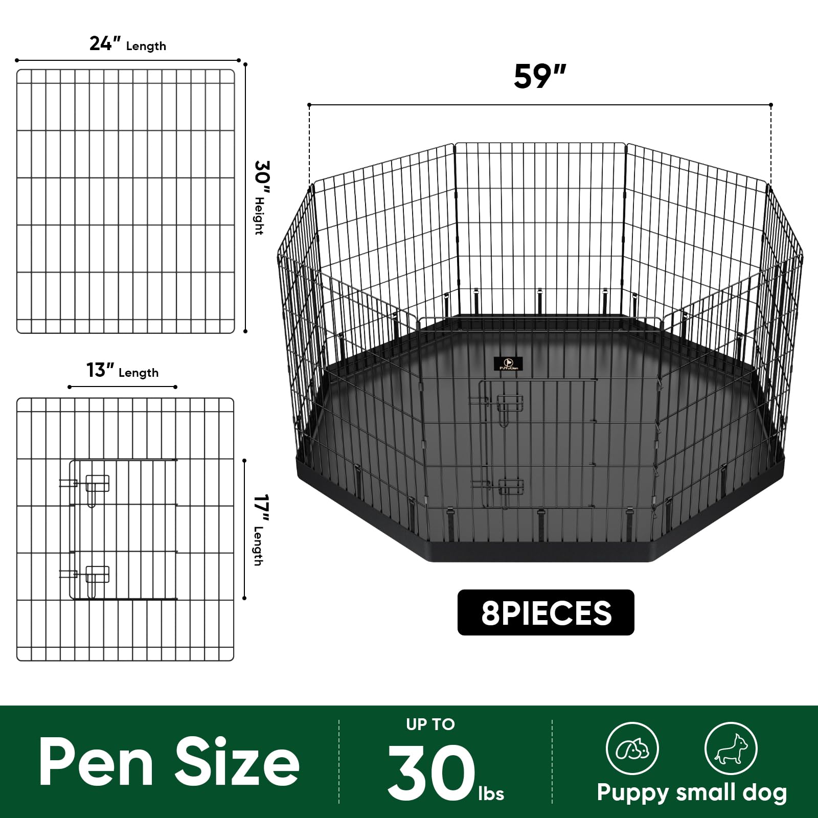 PJYuCien Dog Playpen, 8 Panels 30’’H Dog Pens Indoor with Bottom Pad, Metal Foldable Pet Puppy Exercise Fence Crate Kennel, Better for Small Animals,Black