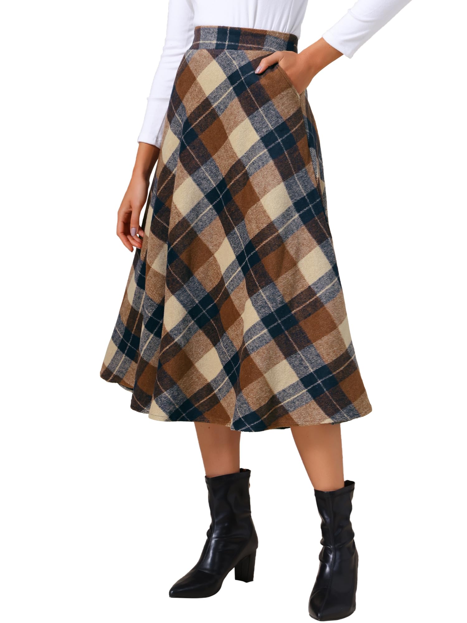 Allegra K Womens Vintage Plaid High Waist A-Line Christmas Tartan Long Maxi Skirt with Pockets