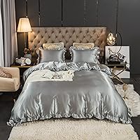 Vista 12 de Juego de funda de edredón sedosa de satén similar a la seda, color rosa rubor con estampado de satén con volantes rosados, 1 funda de edredón y 2