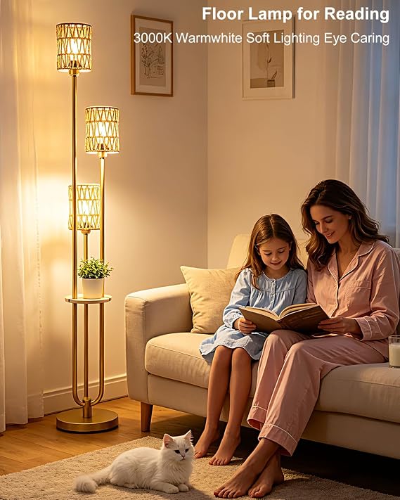 Lightdot Dimmable Boho Floor Lamps with 5Lbs Heavy Base for Living Room, 3-Lights Rattan Floor Lamp with Shelves Rustic Gold Standing Lamp with Warmwhite Bulbs Included for Sofa Beside/Corner Decor