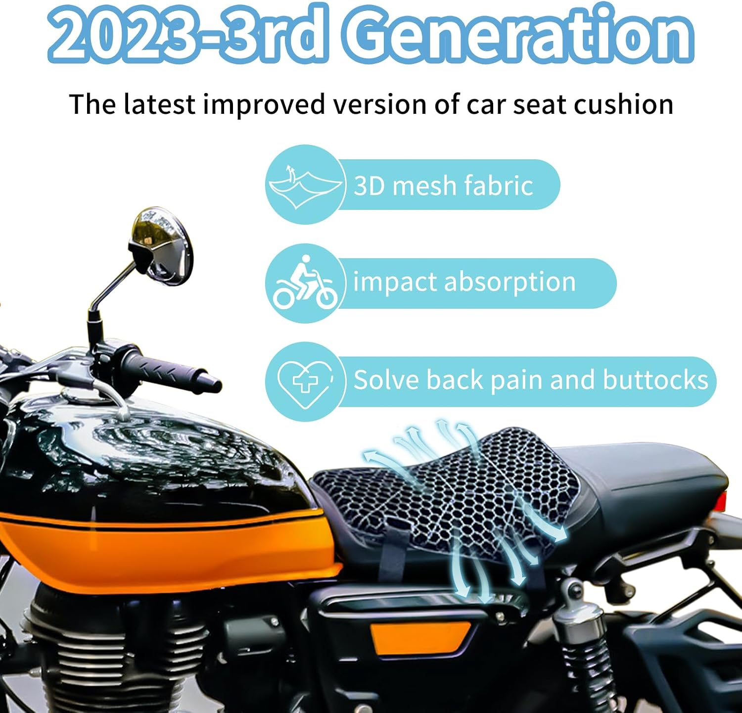 Heran Motorcycle Gel Seat Cushion, 3D Honeycomb Structure & High Elasticity Gel Material Breathable Shock-Absorbing Seat Cover for Comfortable Long-Distance Riding