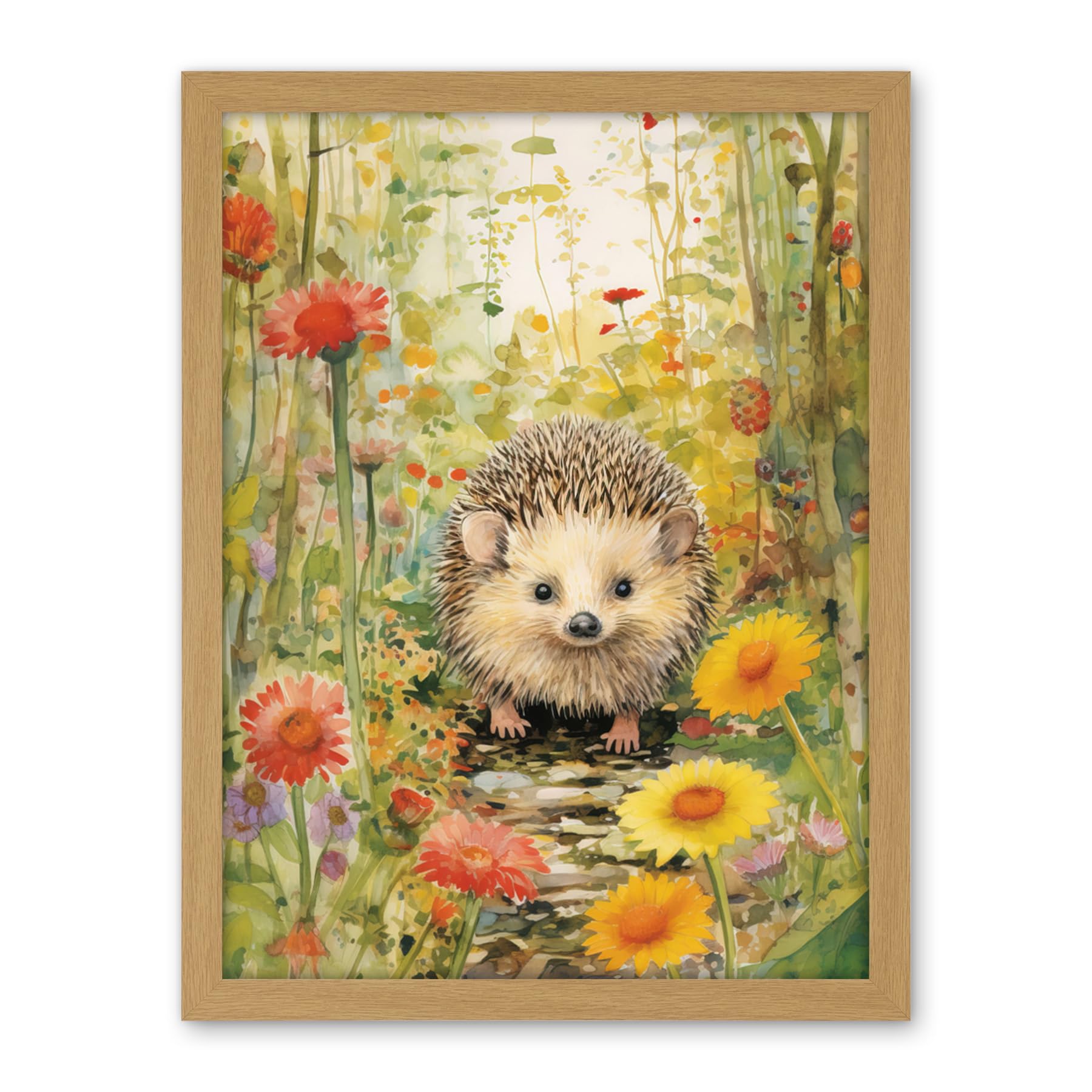 Artery8 Adorable Hedgehog in a Wildflower Meadow Watercolour Painting Kids Bedroom Cute Woodland Creature Artwork Framed Wall Art Print 18X24 Inch