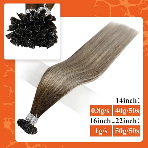 Miniatura 2 de Full Shine - Extensiones de cabello humano con punta en U, de 14 pulgadas, estilo balayage, color 3 con decoloración a rubio claro 8 y 22 y