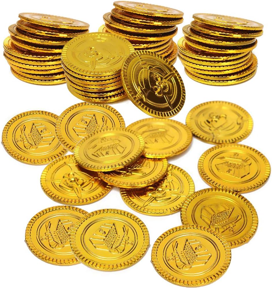 50 Pcs Plastic Gold Coins, Pirate Treasure Fake Money Toy Coins for Kids, Pirate Treasure Hunt Game Coin for Children Games Birthday Decoration and Party Supplies