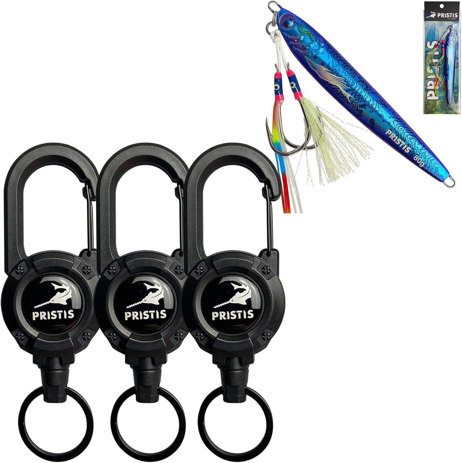 Pristis Convenient Fishing Gear Combination, 2.8 oz Saltwater Fishing Jigs & 3 Pack Heavy Duty Zinger Retractors, A Neat Option for Angler