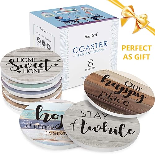 Miniatura 7 de Juego de 8 posavasos absorbentes de piedra, base de corcho, con soporte, aspecto de madera, vida rural al aire libre para inauguración de la casa,