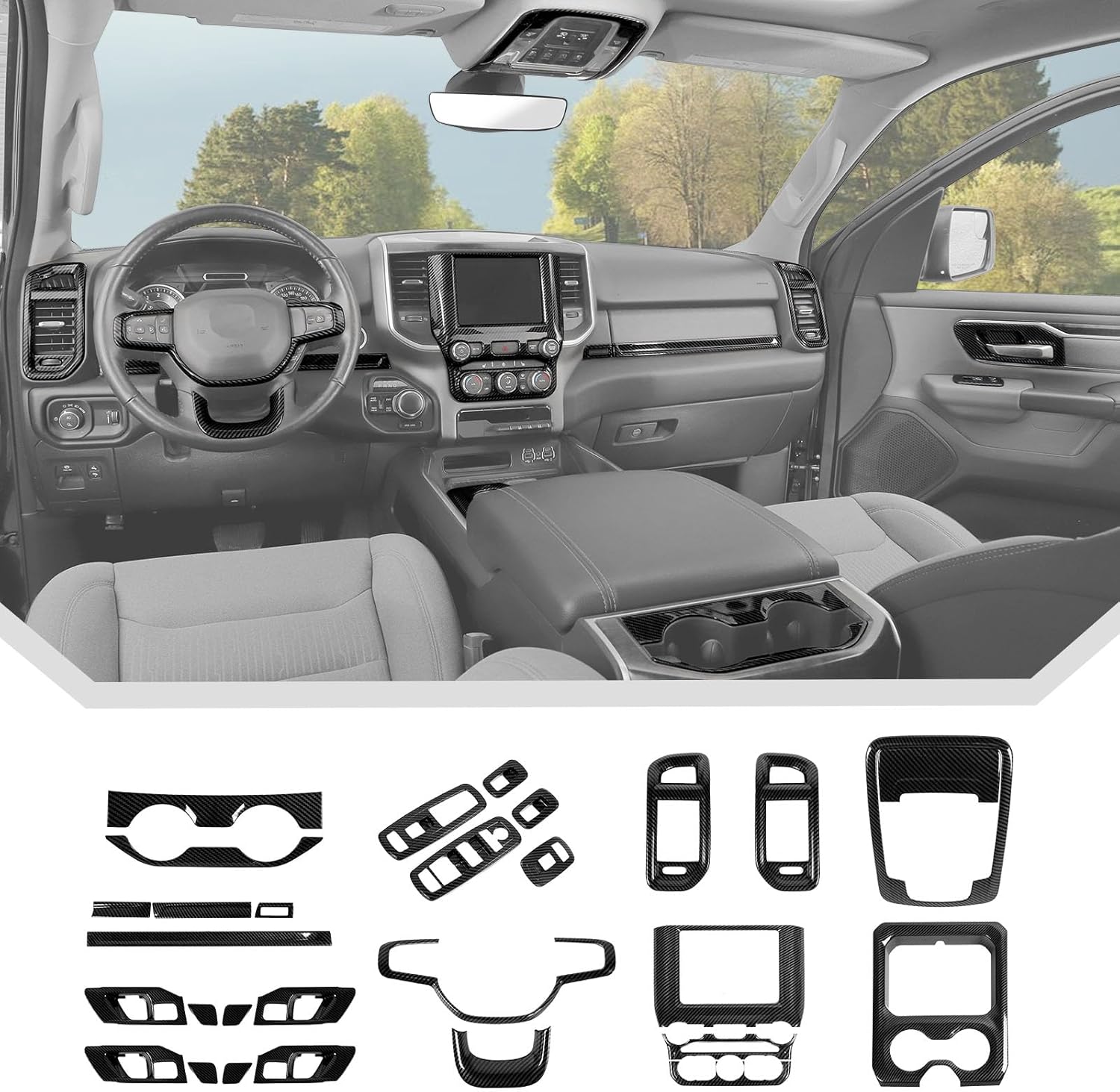 jecar 27pcs carbon fiber interior trim kit for 2018-2023 dodge ram 1500 interior accessories