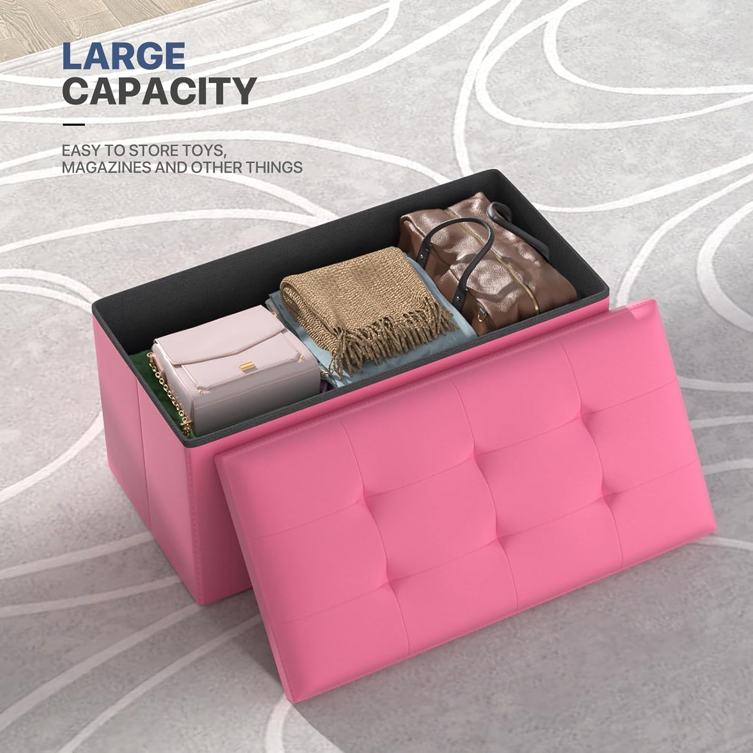 MoNiBloom 30 Inch Storage Ottoman Bench, 24 Gal. Folding Ottoman Footrest, End of Bed Bench, Rectangle Foot Stool, Supports 600 lbs, for Bedroom, Living Room, Entryway, Hallway, Hot Pink