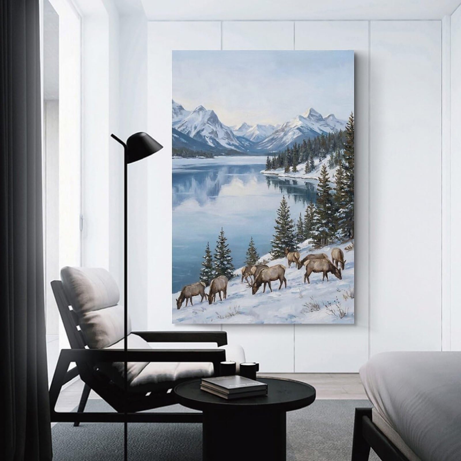 Junmoney Elk in A Snowy Mountain Landscape Wall Art Print 20x30inch(50x75cm), for Art Walls, Layered Displays Or Homes, Wall Decor Suited to Curated Displays