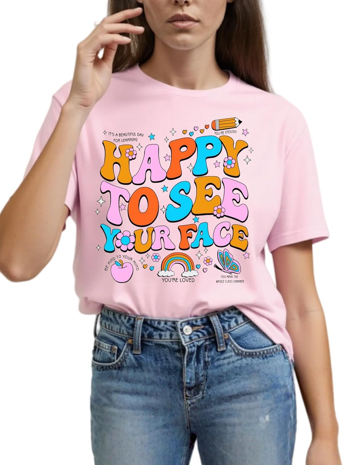 First Day of School Shirt Women Happy to See Your Face Teacher Shirt Cute Teacher Gift Funny Teach Graphic Tees - Image 2