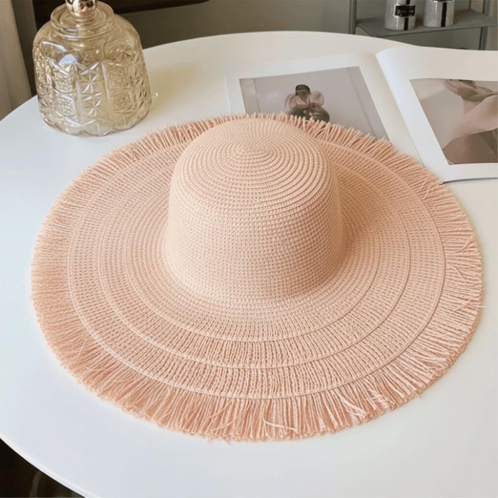 Straw Hat Women's Fashionable Wide-Brimmed Hat, składany Casual Panama Sun Protection Fisherman Hat-beżowy